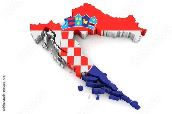 Fototapeta Country shape of Croatia - 3D render of country borders filled with colors of Croatia flag isolated on white background