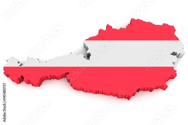 Fototapeta Country shape of Austria - 3D render of country borders filled with colors of Austria flag isolated on white background