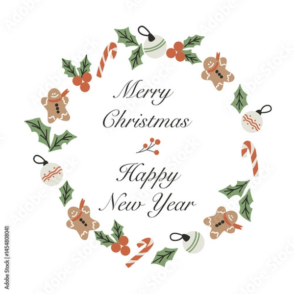 Obraz Christmas card with lettering calligraphy  and wreath. Christmas wreath with tree balls, gingerbread man, candy and rowan. Merry Christmas and Happy New Year. Hand drawn vector illustration