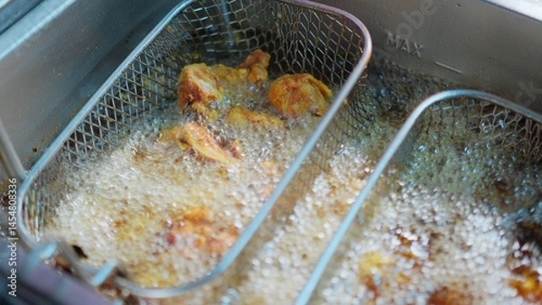 Fototapeta Close-up of crispy fried chicken pieces sizzling in hot oil inside a deep fryer in a Restaurant, showcasing delicious cooking in a kitchen.