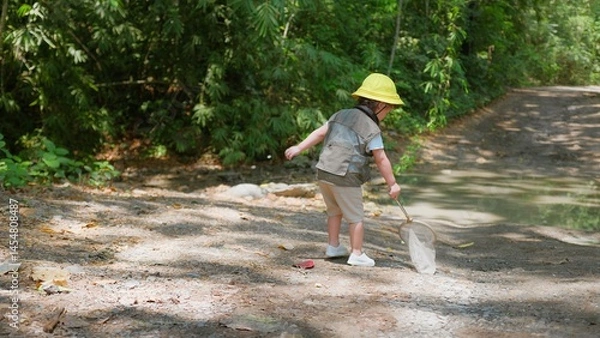 Obraz A cheerful Asian child girl with a butterfly net enjoys a sunny day in the forest, ready for an adventure Exploring in nature.