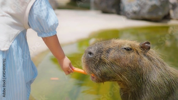 Obraz Child Feeding Capybara at Zoo with Carrot in Bright Daylight, Close-Up Interaction with Nature and Wildlife
