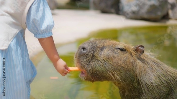 Obraz Child Feeding Capybara at Zoo with Carrot in Bright Daylight, Close-Up Interaction with Nature and Wildlife