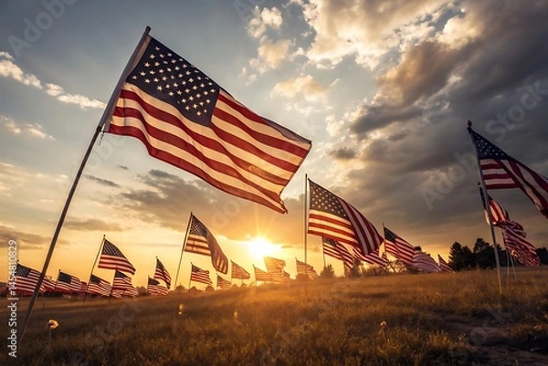 Fototapeta American flags waving in the wind at sunset on a field with dramatic sky