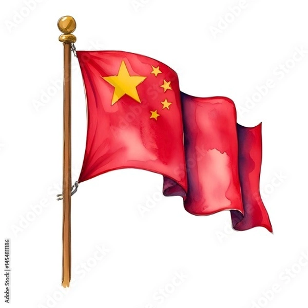 Fototapeta Flag of People's Republic of China waving in the wind. State symbol illustrated in watercolor style.
