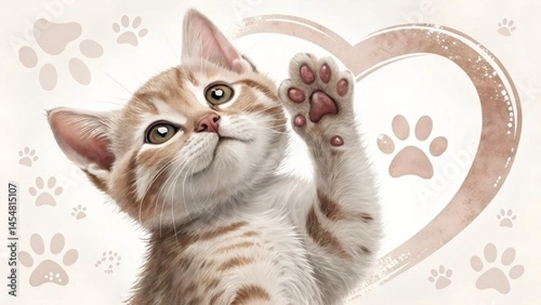 Fototapeta Cute kitten reaching out with paw against a heart background  