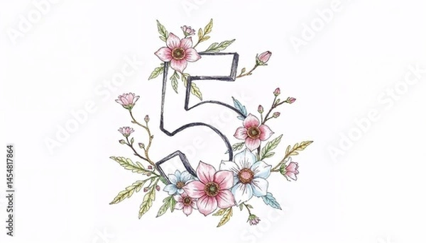 Fototapeta Floral Number 5: An artistic watercolor illustration showcases the number "5" embellished with delicate floral arrangements and botanical elements. Capturing the serenity, the beauty.