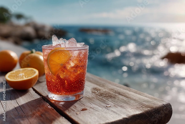 Fototapeta refreshing aperol cocktail with orange and ice on a rustic wooden table by the beach, sunny day, ocean in the background, tropical summer vibes