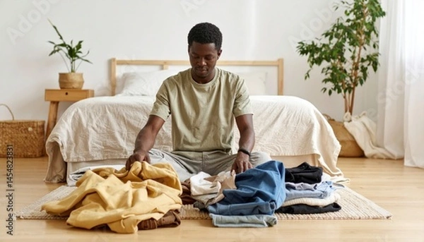 Fototapeta Man folding laundry on bed in cozy room – Generative AI Image