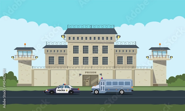 Fototapeta The city prison building with two guard towers on a high fence with barbed wire, a bus for transporting prisoners and an escort vehicle. Vector illustration