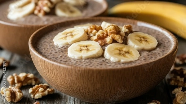 Obraz Chocolate chia pudding topped with bananas and walnuts