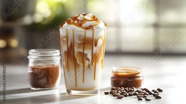 Fototapeta Refreshing Caramel Drizzle Coffee Drink by Window Light