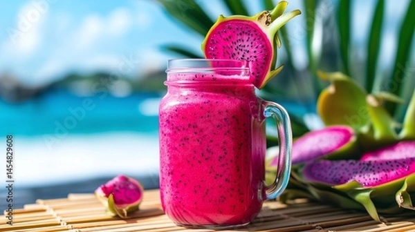 Obraz Refreshing Pink Dragon Fruit Mason Jar Smoothie