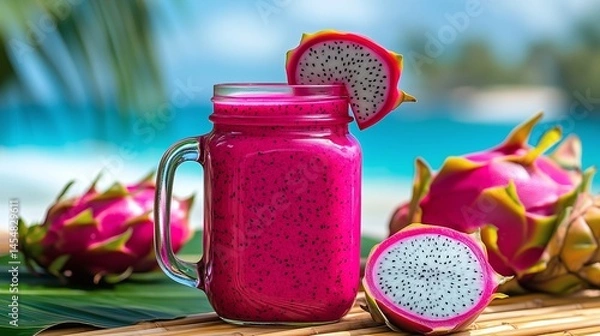 Obraz Refreshing Pink Dragon Fruit Mason Jar Smoothie