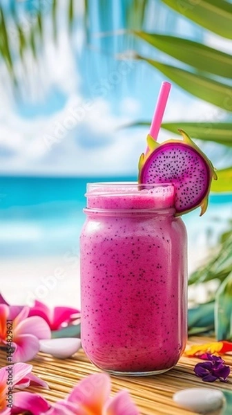 Obraz Refreshing Pink Dragon Fruit Mason Jar Smoothie