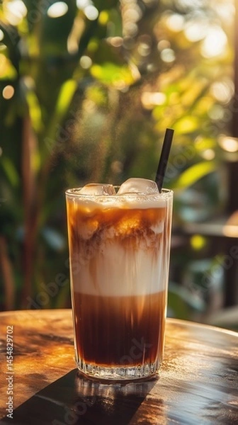 Obraz Crumble-Topped Layered Latte in Tropical Setting