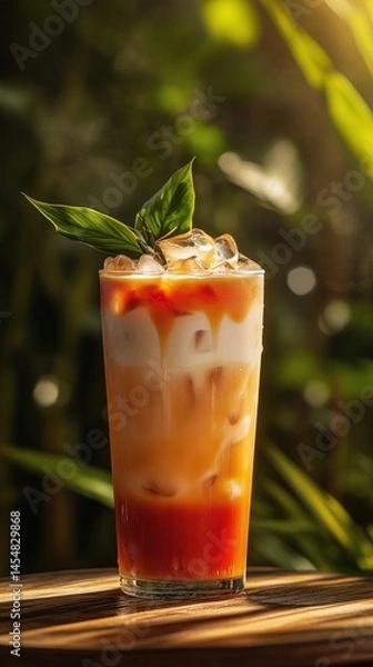 Obraz Refreshing Iced Latte with Coconut Leaves Mockup
