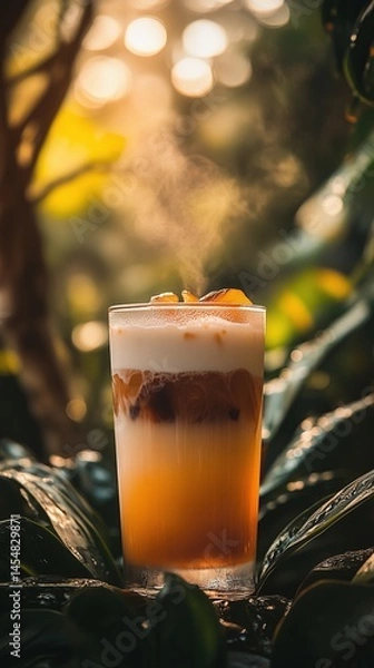Obraz Refreshing Iced Latte with Coconut Leaves Mockup