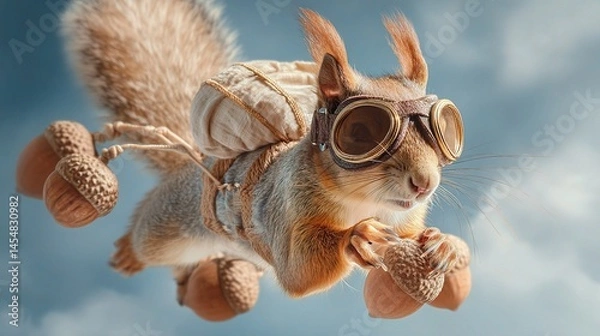Fototapeta Funny Squirrel Parachuting with Goggles and Nuts in the Sky