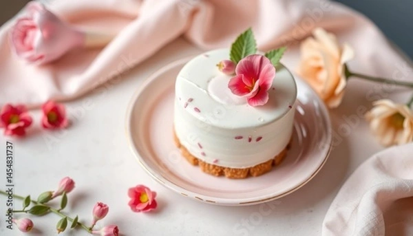 Fototapeta Exquisite Single Serving Cake with Floral Accent Surrounded by Delicate Blooms and Soft Fabric