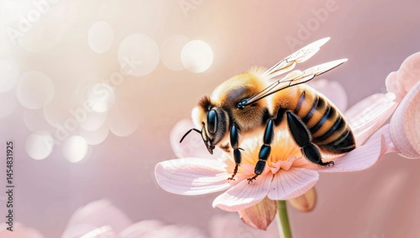 Fototapeta Close-up of a bee gathering pollen on a delicate flower with a soft pastel background 