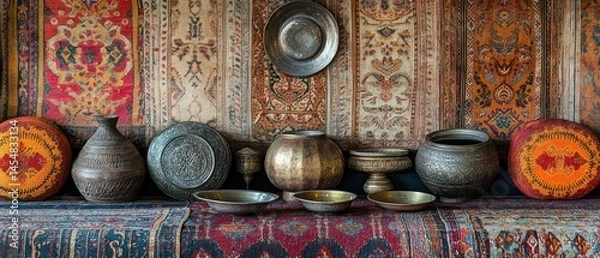 Fototapeta Middle Eastern pots and textiles exhibit intricate details, displaying artisan craftsmanship and vintage aesthetics.