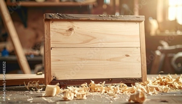 Fototapeta Empty wooden crate on workshop table – Generative AI Image