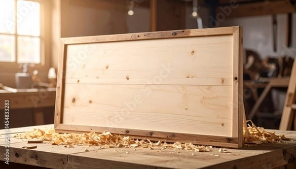 Fototapeta Empty wooden crate on workshop table – Generative AI Image