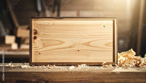 Obraz Empty wooden crate on workshop table – Generative AI Image