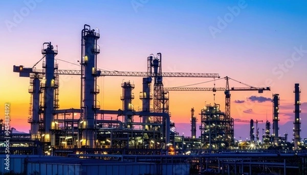 Obraz Industrial Complex with Tall Towers Against a Vibrant Sunset Sky