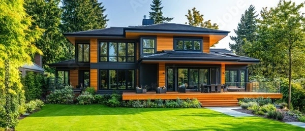 Fototapeta House displays elegant modern architecture with wooden siding, large windows, surrounding green lawn, landscaped garden and a spacious deck for outdoor living.
