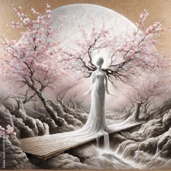 Fototapeta Ethereal Figure Surrounded by Cherry Blossoms Under Full Moon