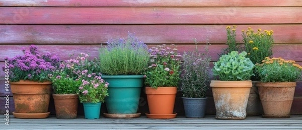 Fototapeta Row of flower pots containing various flowers and plants are displayed against a rustic wooden background, creating a peaceful and vibrant ambiance.