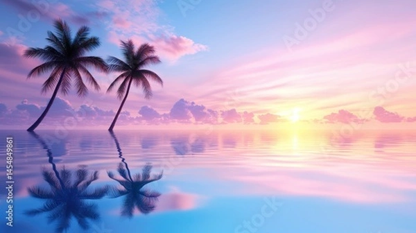 Fototapeta Summer reflection of palm trees and a sunset sky mirrored in a calm ocean, creating tranquility.