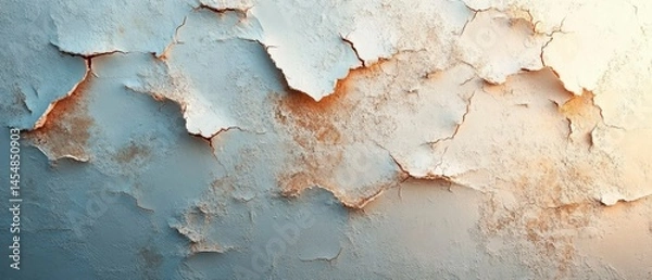 Fototapeta Flaking paint unveils cracked surface showing oxidized base, creating weathered effect.