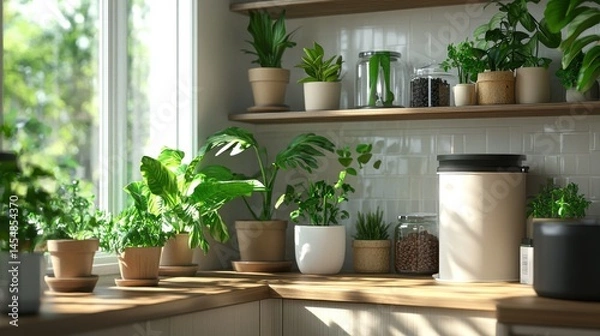 Fototapeta Cozy home interior with various potted houseplants and sustainable organic composting bins neatly arranged on shelves near a bright window showcasing an eco friendly and organized living space