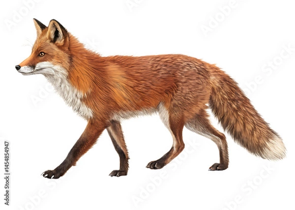 Fototapeta furry red fox walking profile side view on white background, PNG