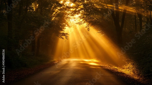 Obraz A sunrise illuminating a quiet countryside road with golden beams through fog.