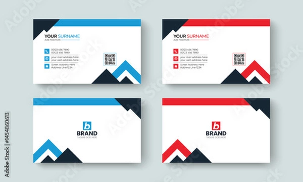 Obraz Professional creative and minimal concept business card design template. Template design for business card, visiting card, identity card, contact, branding, stationery, blue, red and black color.