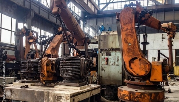 Fototapeta Industrial Robotics in Factory Setting with Machines and Equipment