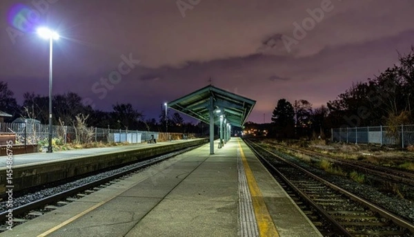 Fototapeta Empty Train Station Platform at Night Under Dramatic Cloudy Sky