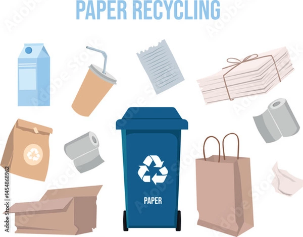 Fototapeta Paper waste recycling vector illustration set