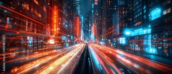 Fototapeta Cityscape demonstrates dynamic movement with streaking lights and illuminated buildings conveying speed and modern urban environment.