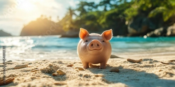 Fototapeta Pig stands on sandy beach near turquoise water during golden hour in tropical paradise with palm trees in background