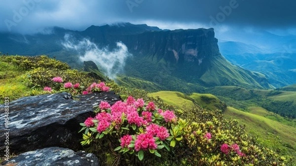Obraz Pink Rhododendrons Blooming on Mountaintop with Foggy Valley