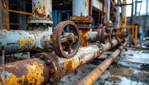 Fototapeta Rusty Industrial Pipes with Valve Mechanisms in an Abandoned Factory