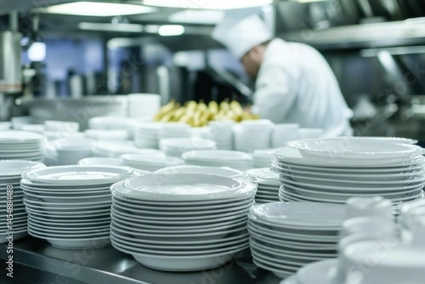 Fototapeta Neat Stacks of Unbreakable Dishware in a Cruise Ship Galley for Culinary Preparations
