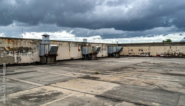 Fototapeta Empty Rooftop Space with Ventilation Units Against Cloudy Sky