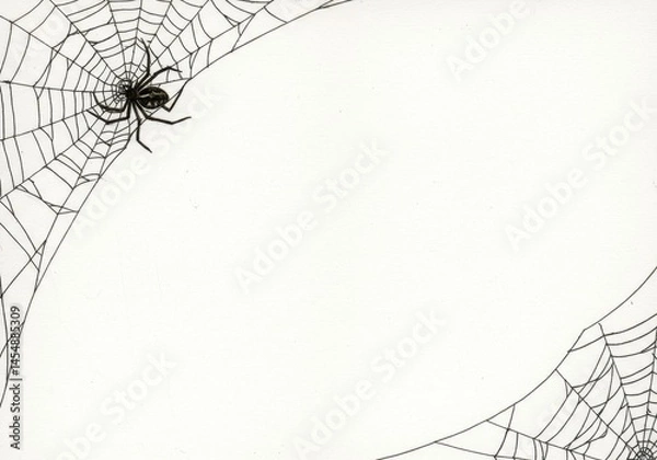 Fototapeta A spider on a web with a white background in the upper left corner area