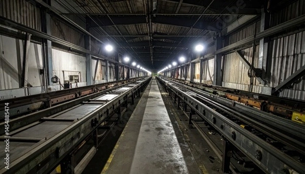 Obraz Industrial Warehouse Interior with Long Train Tracks and Lights